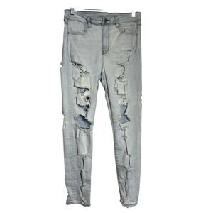 American Eagle Super Stretch Light Wash Thrashed Ripped Skinny‎ Jeans 10 (2985)